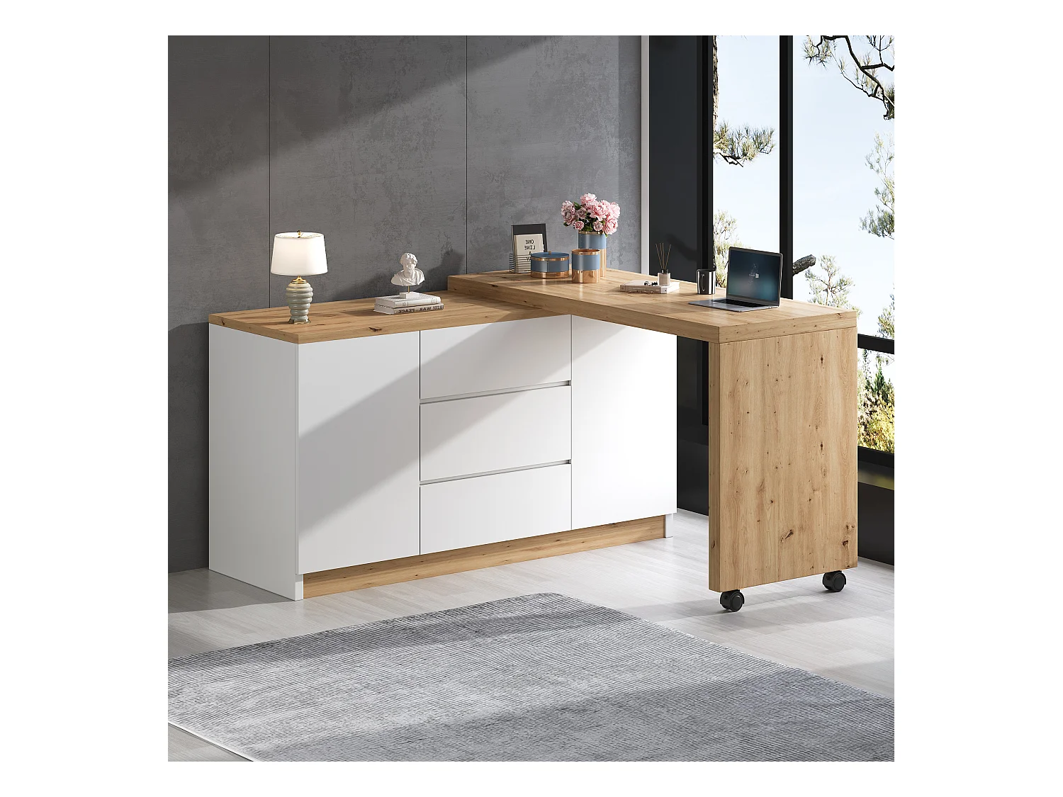 Bureau d'angle 120x50x76.5 cm - Plateau pivotant - 3 tiroirs et 2 portes - avec roulettes verrouillables - Blanc+naturel