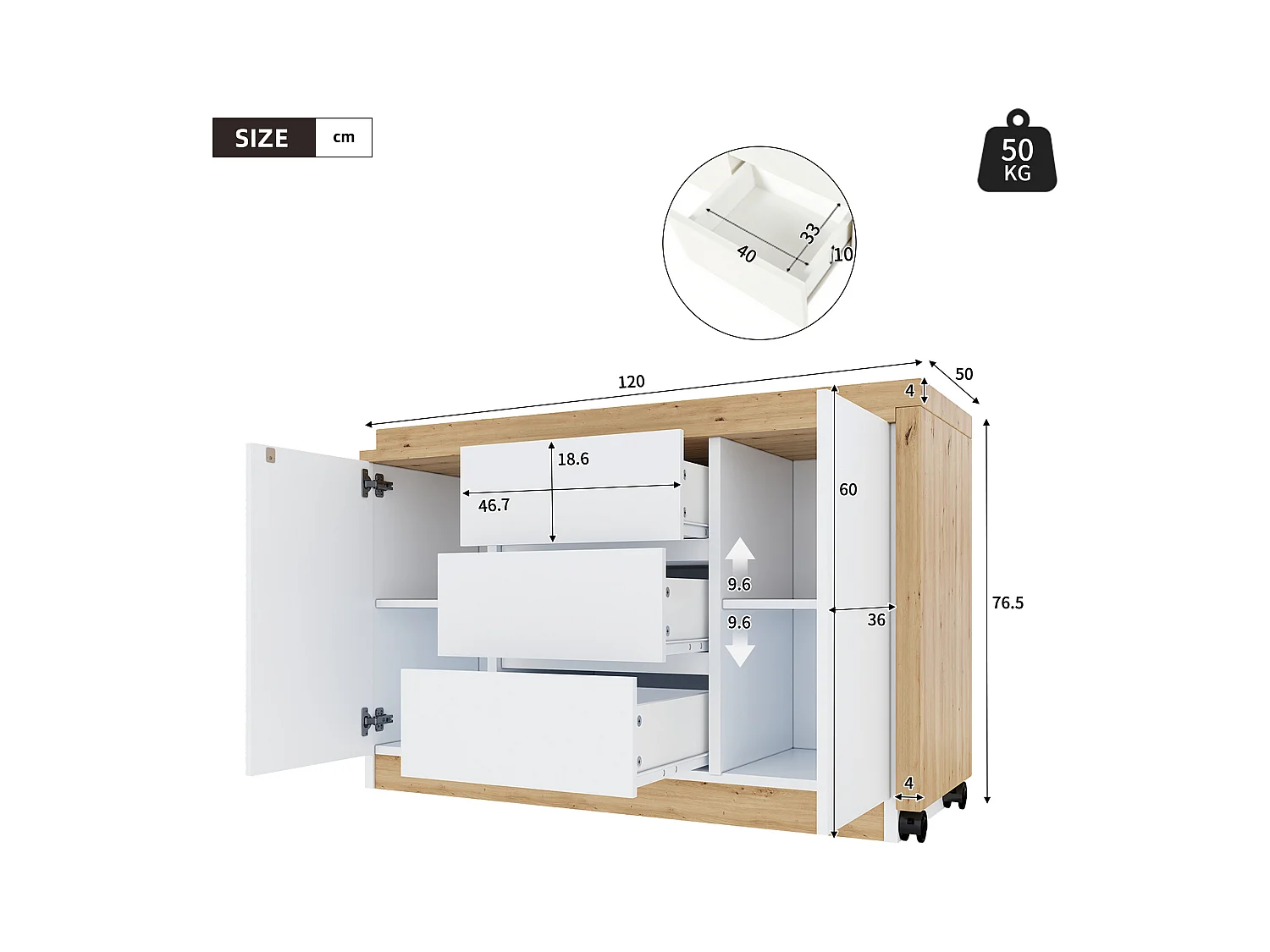 Bureau d'angle 120x50x76.5 cm - Plateau pivotant - 3 tiroirs et 2 portes - avec roulettes verrouillables - Blanc+naturel