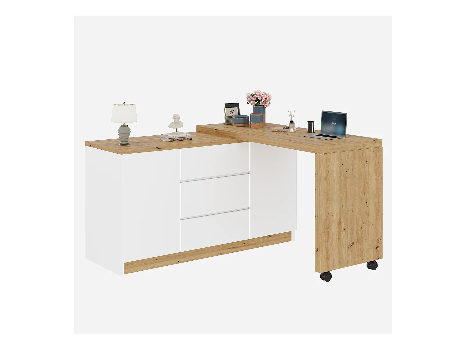 Bureau d'angle 120x50x76.5 cm - Plateau pivotant - 3 tiroirs et 2 portes - avec roulettes verrouillables - Blanc+naturel
