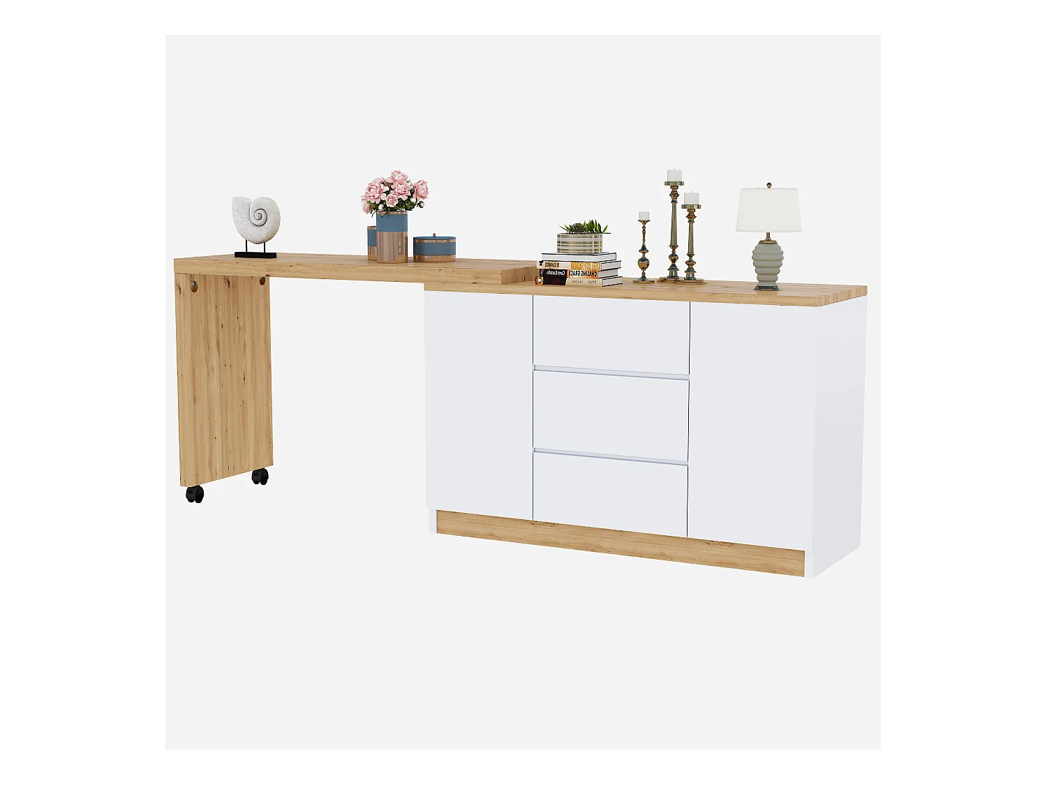 Bureau d'angle 120x50x76.5 cm - Plateau pivotant - 3 tiroirs et 2 portes - avec roulettes verrouillables - Blanc+naturel