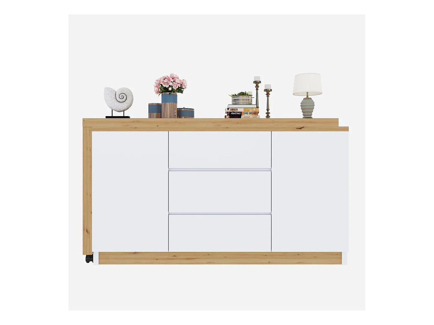 Bureau d'angle 120x50x76.5 cm - Plateau pivotant - 3 tiroirs et 2 portes - avec roulettes verrouillables - Blanc+naturel