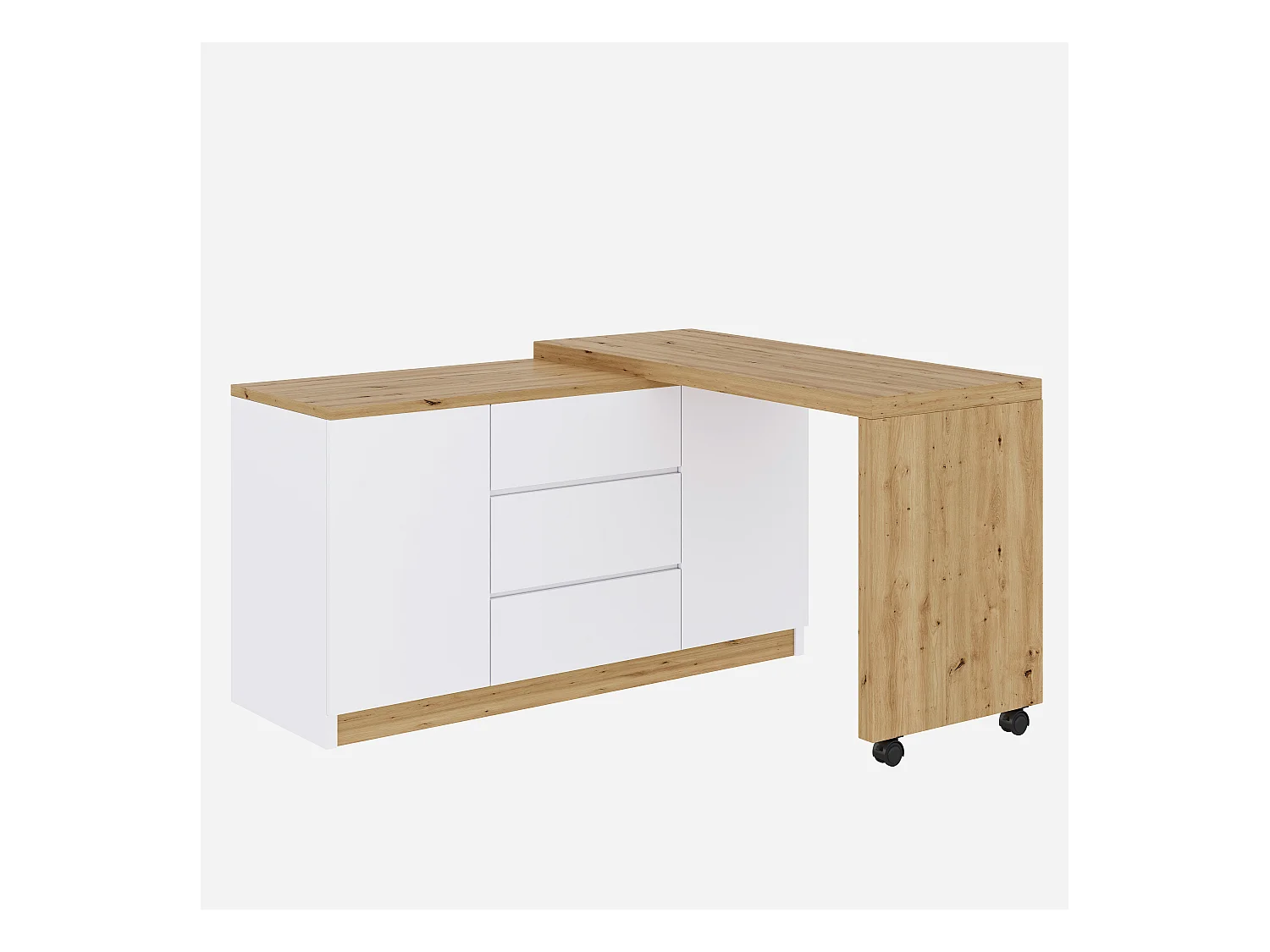 Bureau d'angle 120x50x76.5 cm - Plateau pivotant - 3 tiroirs et 2 portes - avec roulettes verrouillables - Blanc+naturel