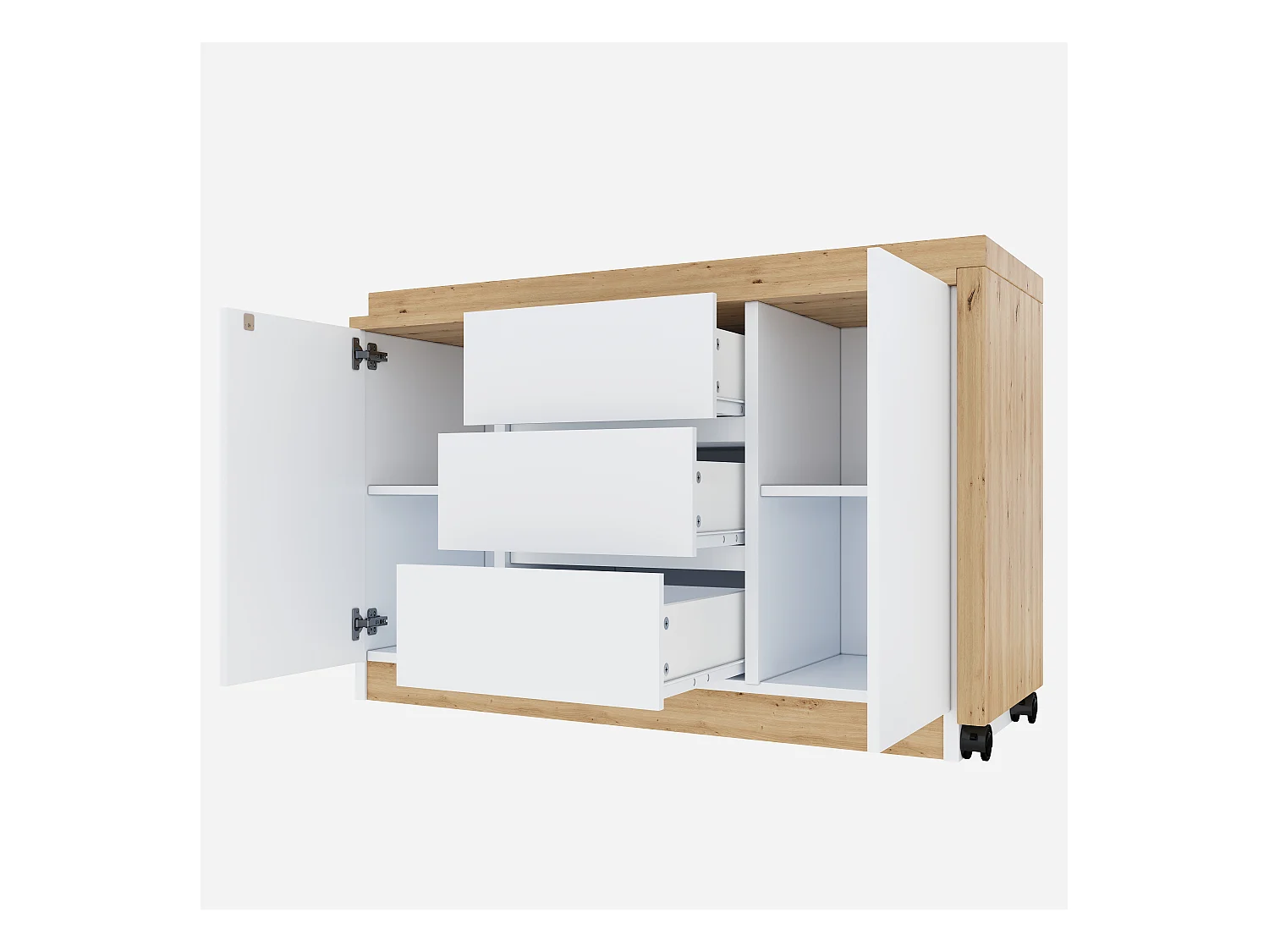 Bureau d'angle 120x50x76.5 cm - Plateau pivotant - 3 tiroirs et 2 portes - avec roulettes verrouillables - Blanc+naturel