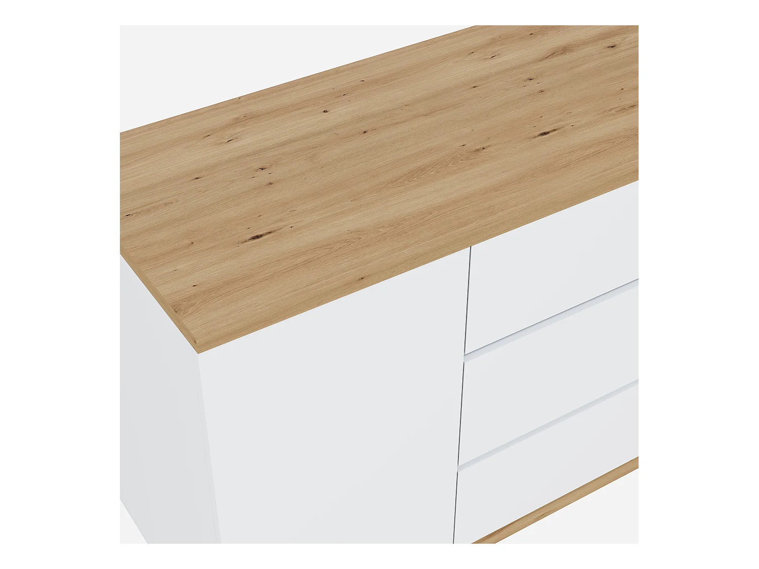 Bureau d'angle 120x50x76.5 cm - Plateau pivotant - 3 tiroirs et 2 portes - avec roulettes verrouillables - Blanc+naturel