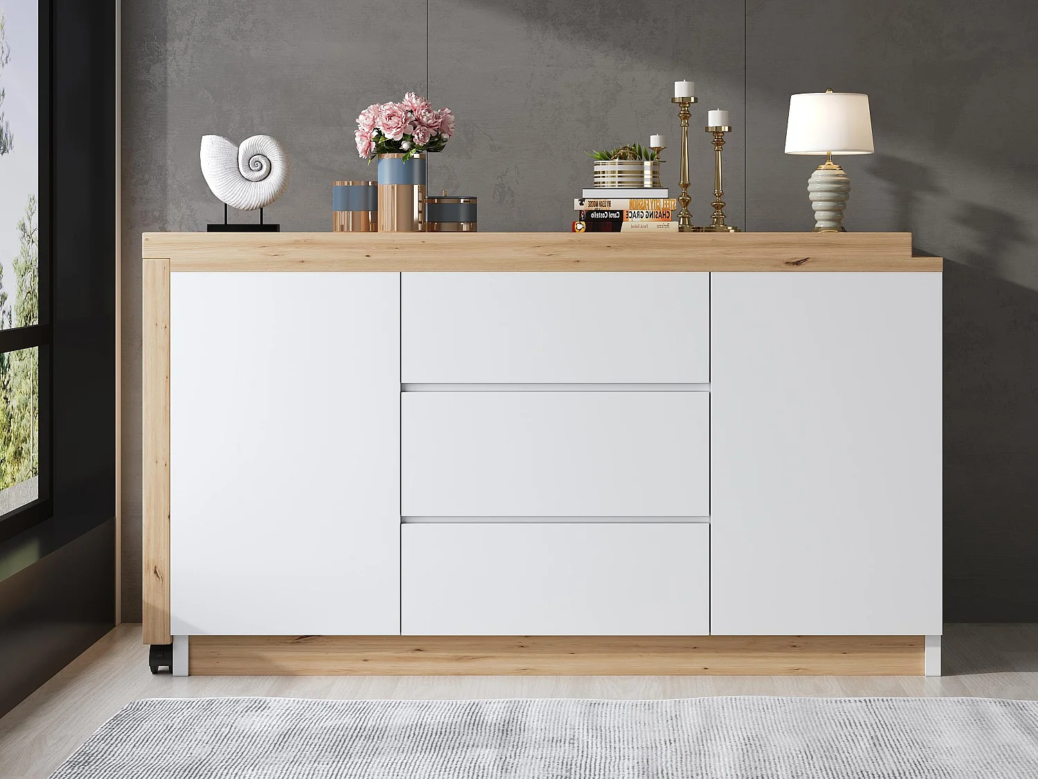 Bureau d'angle 120x50x76.5 cm - Plateau pivotant - 3 tiroirs et 2 portes - avec roulettes verrouillables - Blanc+naturel