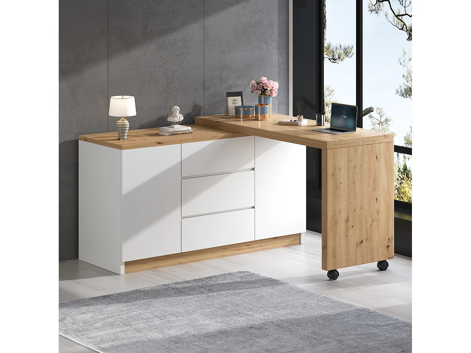 Bureau d'angle 120x50x76.5 cm - Plateau pivotant - 3 tiroirs et 2 portes - avec roulettes verrouillables - Blanc+naturel