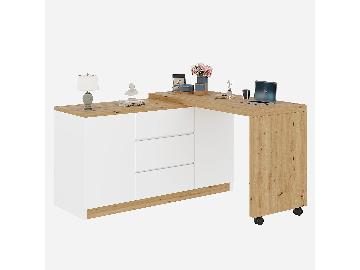 Bureau d'angle 120x50x76.5 cm - Plateau pivotant - 3 tiroirs et 2 portes - avec roulettes verrouillables - Blanc+naturel