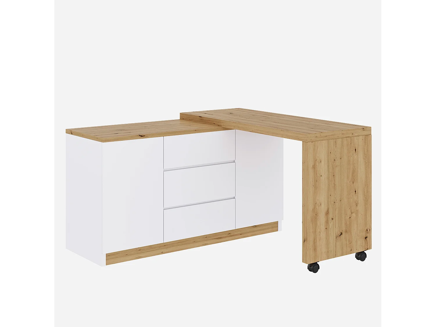 Bureau d'angle 120x50x76.5 cm - Plateau pivotant - 3 tiroirs et 2 portes - avec roulettes verrouillables - Blanc+naturel