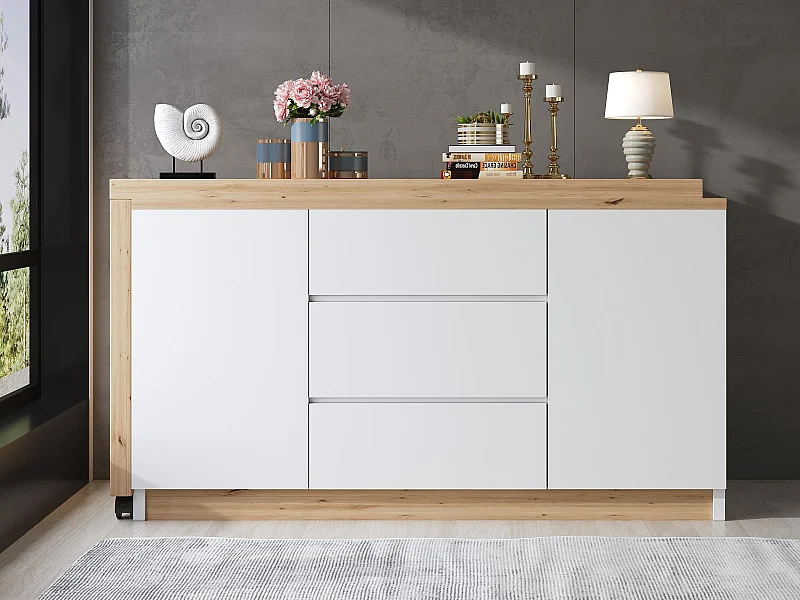 Hoekschrijftafel 120x50x76.5 cm - Draaibaar blad - 3 lades en 2 deuren - met vergrendelbare wieltjes - Wit+natuur