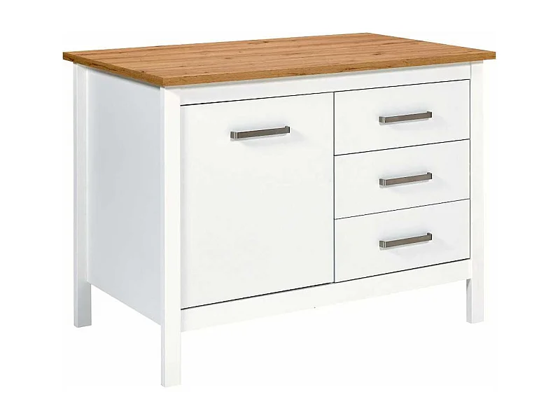 Ilot de Cuisine Blanc et Plateau Effet Bois avec un côté 1 porte 3 tiroirs et 1 côté 2 étagères - KENNY