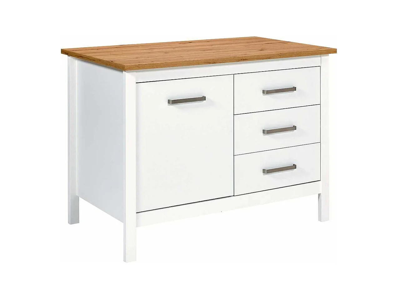 Ilot de Cuisine Blanc et Plateau Effet Bois avec un côté 1 porte 3 tiroirs et 1 côté 2 étagères - KENNY