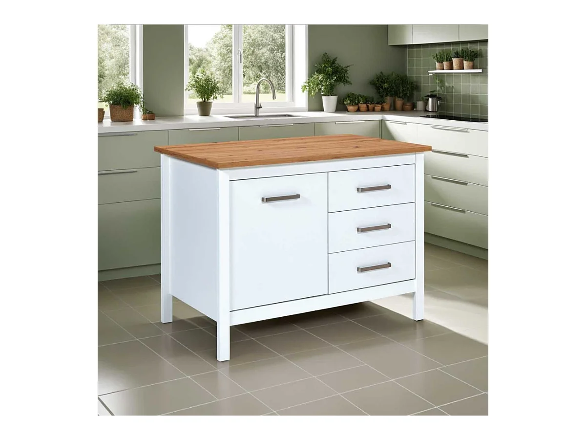 Ilot de Cuisine Blanc et Plateau Effet Bois avec un côté 1 porte 3 tiroirs et 1 côté 2 étagères - KENNY