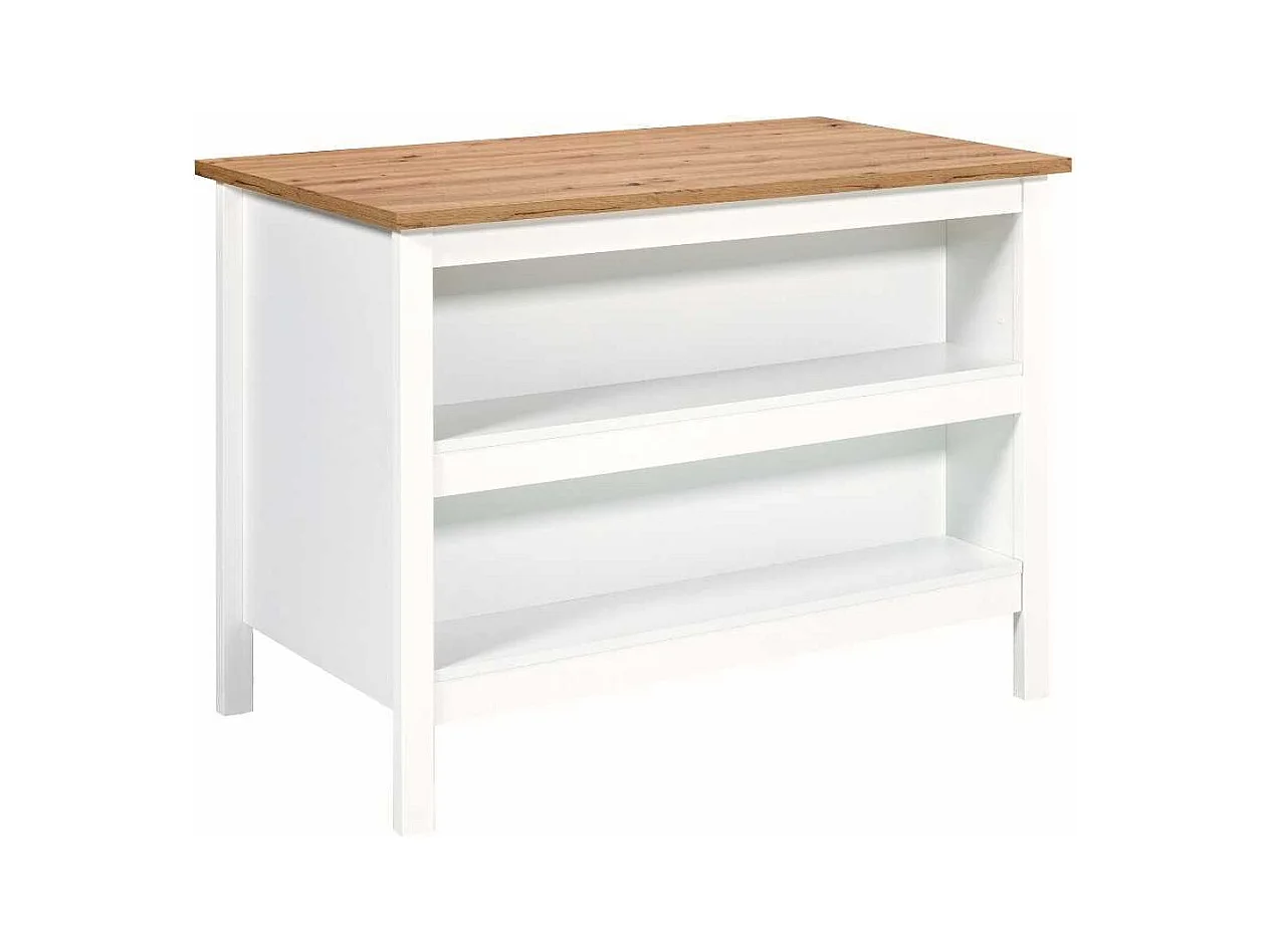 Ilot de Cuisine Blanc et Plateau Effet Bois avec un côté 1 porte 3 tiroirs et 1 côté 2 étagères - KENNY