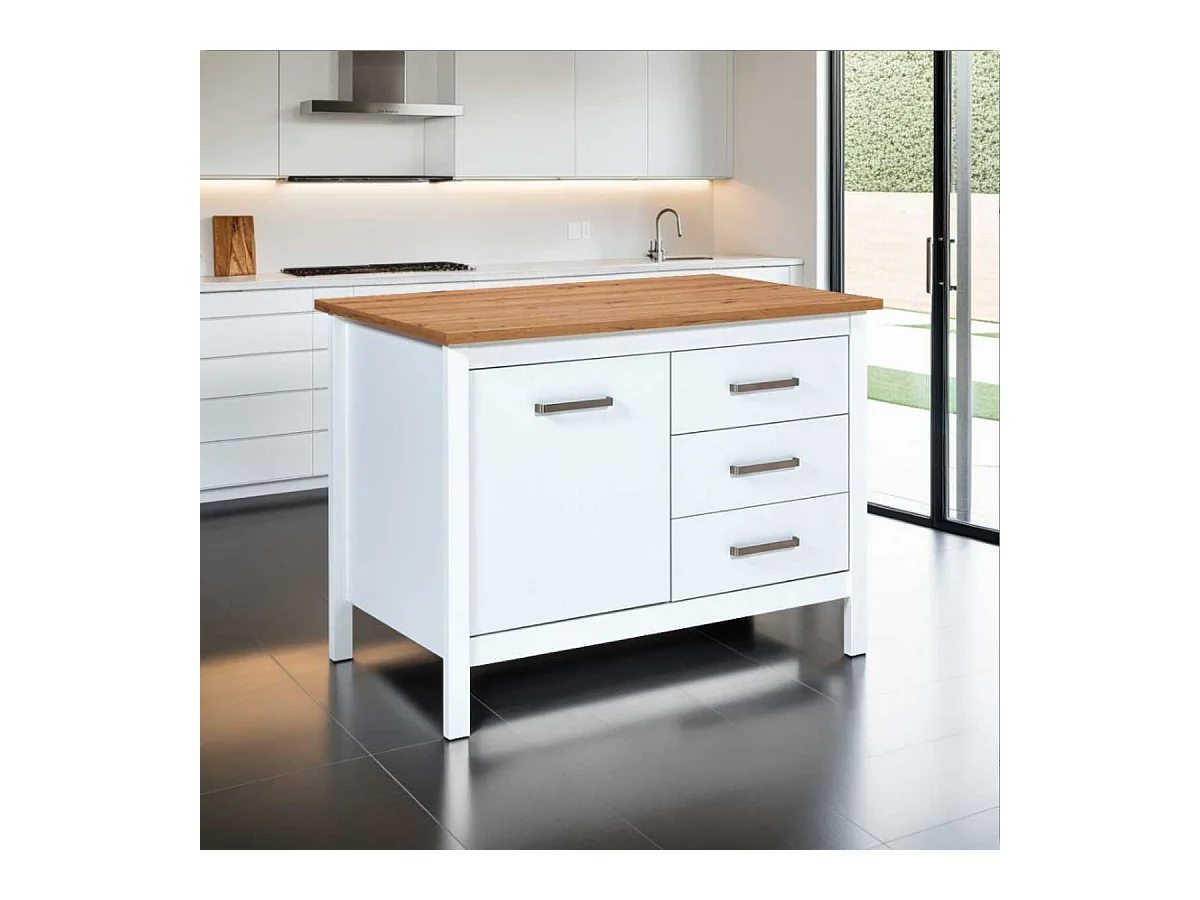 Ilot de Cuisine Blanc et Plateau Effet Bois avec un côté 1 porte 3 tiroirs et 1 côté 2 étagères - KENNY
