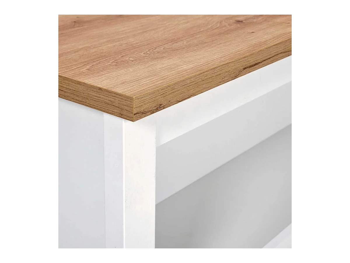 Ilot de Cuisine Blanc et Plateau Effet Bois avec un côté 1 porte 3 tiroirs et 1 côté 2 étagères - KENNY