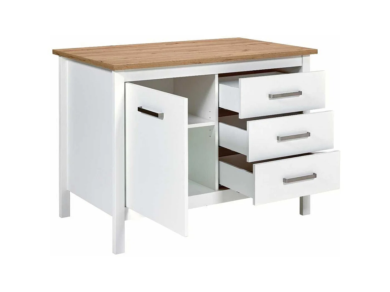 Ilot de Cuisine Blanc et Plateau Effet Bois avec un côté 1 porte 3 tiroirs et 1 côté 2 étagères - KENNY
