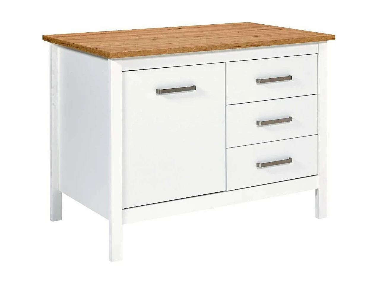 Ilot de Cuisine Blanc et Plateau Effet Bois avec un côté 1 porte 3 tiroirs et 1 côté 2 étagères - KENNY