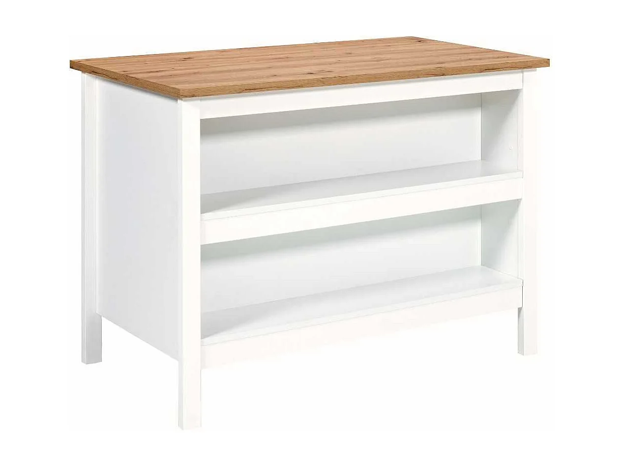 Ilot de Cuisine Blanc et Plateau Effet Bois avec un côté 1 porte 3 tiroirs et 1 côté 2 étagères - KENNY