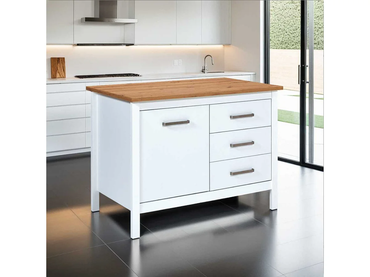 Ilot de Cuisine Blanc et Plateau Effet Bois avec un côté 1 porte 3 tiroirs et 1 côté 2 étagères - KENNY