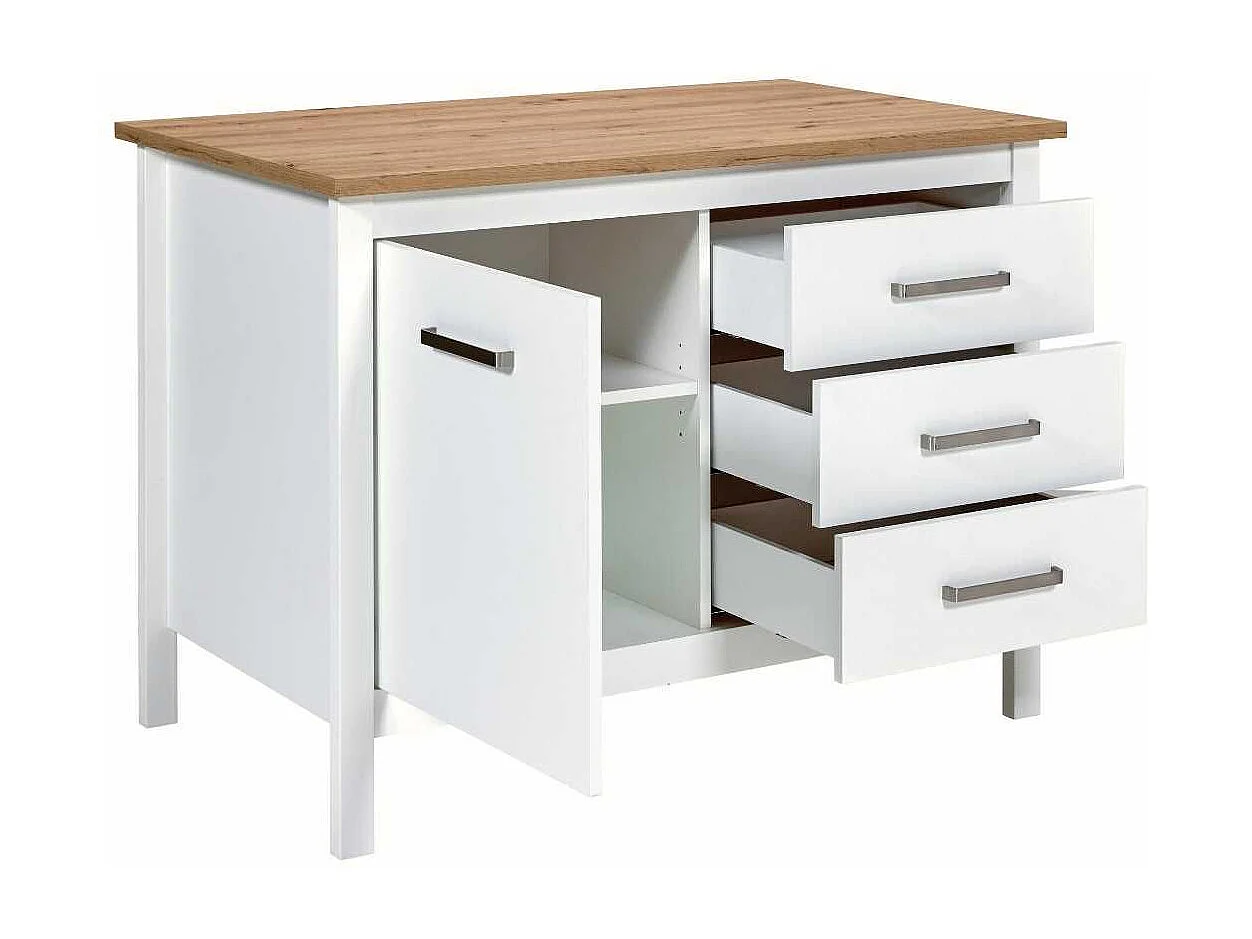Ilot de Cuisine Blanc et Plateau Effet Bois avec un côté 1 porte 3 tiroirs et 1 côté 2 étagères - KENNY