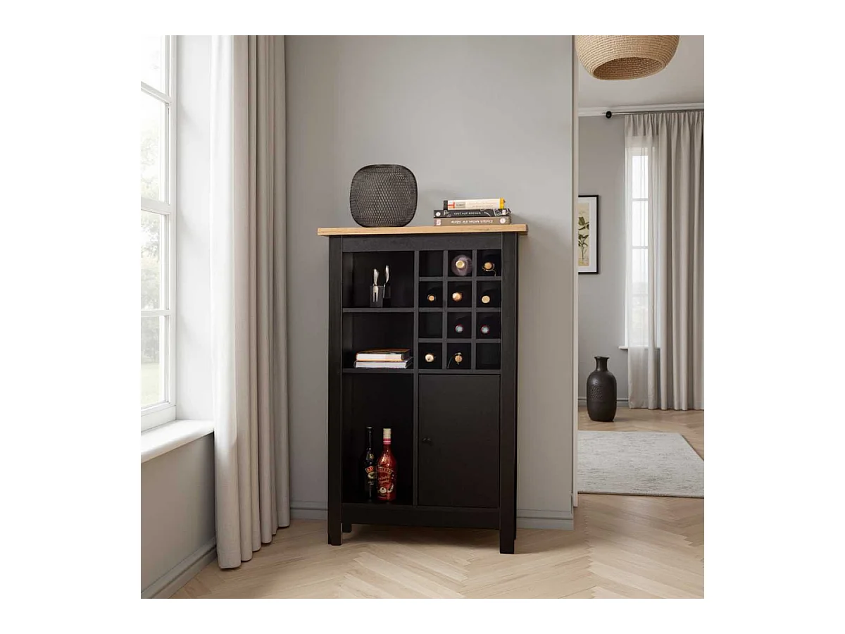 Rangement de Cuisine pour Bouteilles Noir et Plateau Effet Bois - KENNY