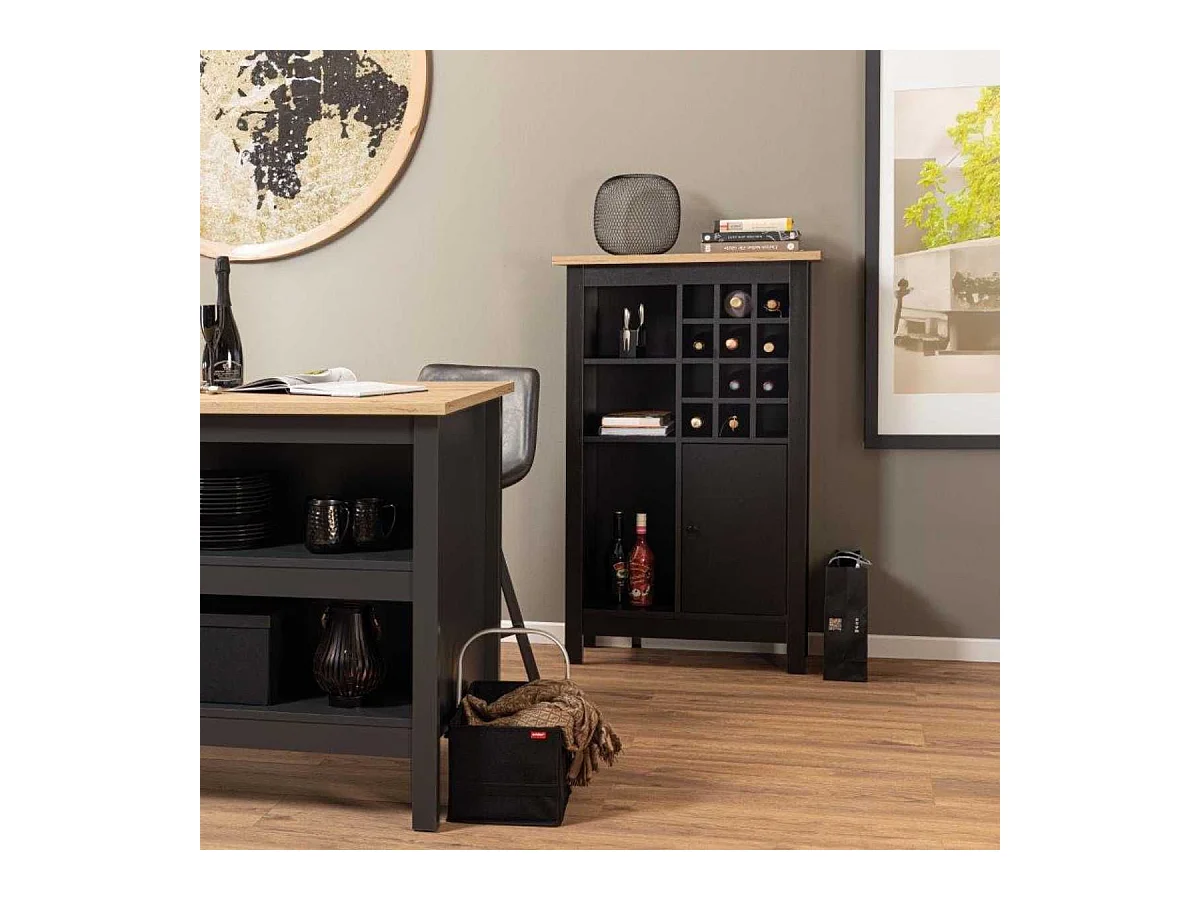 Rangement de Cuisine pour Bouteilles Noir et Plateau Effet Bois - KENNY