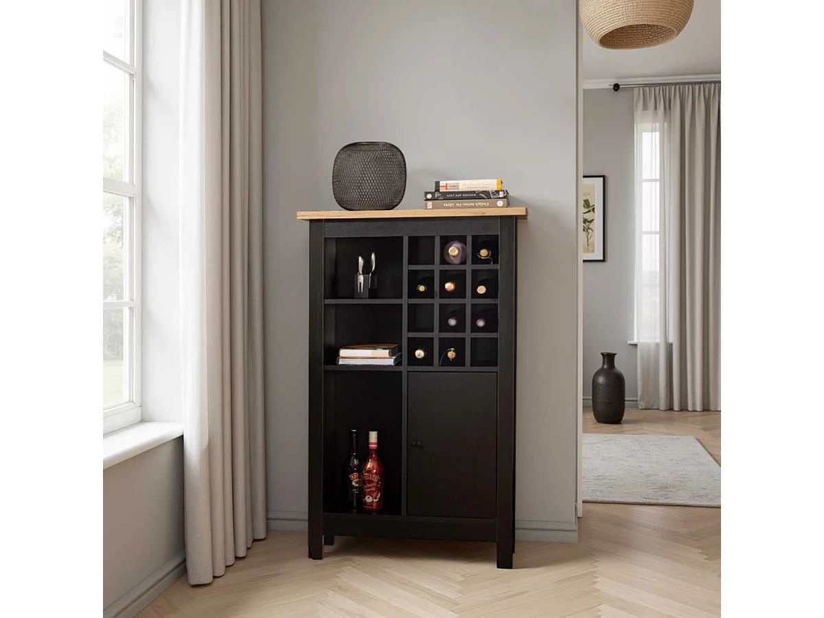 Rangement de Cuisine pour Bouteilles Noir et Plateau Effet Bois - KENNY