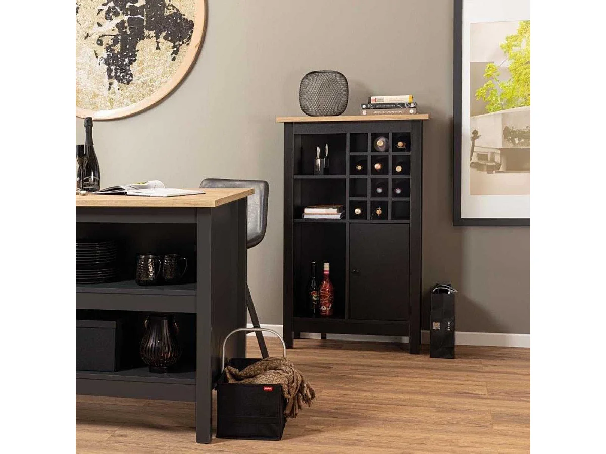 Rangement de Cuisine pour Bouteilles Noir et Plateau Effet Bois - KENNY