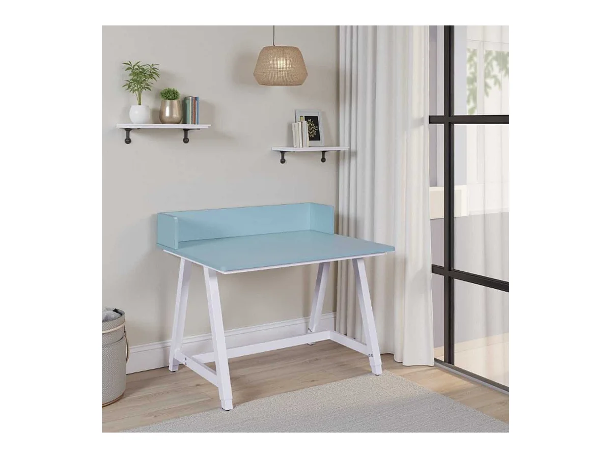 Bureau enfant réglable en hauteur en MDF plateau bleu et piètement métal laqué blanc - ELION