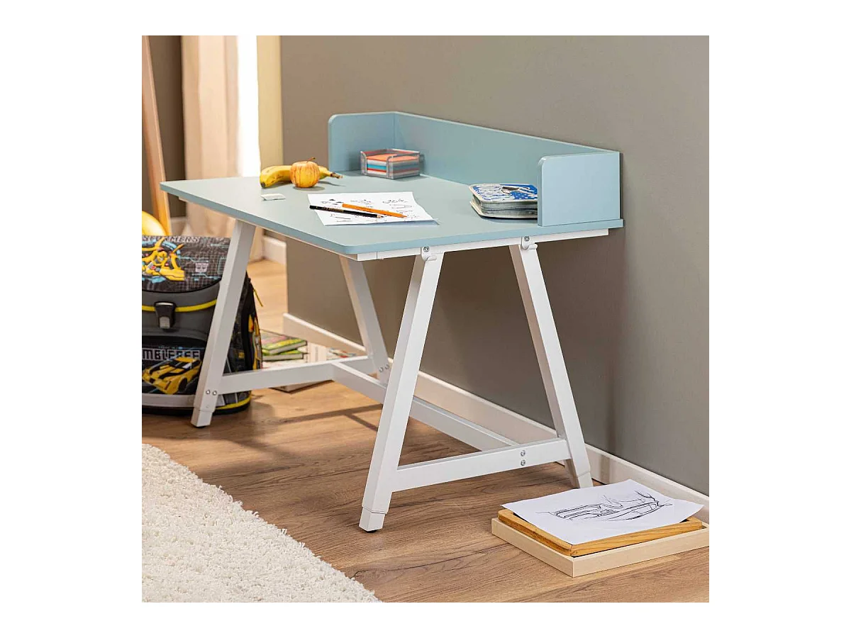 Bureau enfant réglable en hauteur en MDF plateau bleu et piètement métal laqué blanc - ELION