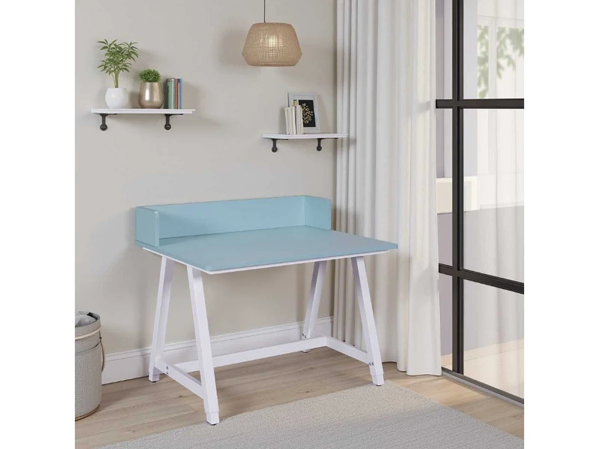 Bureau enfant réglable en hauteur en MDF plateau bleu et piètement métal laqué blanc - ELION