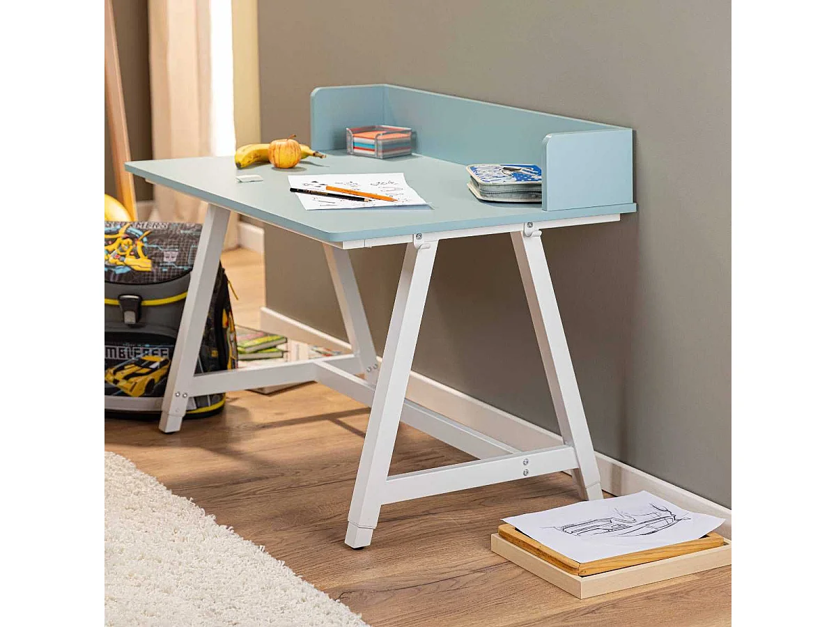 Bureau enfant réglable en hauteur en MDF plateau bleu et piètement métal laqué blanc - ELION
