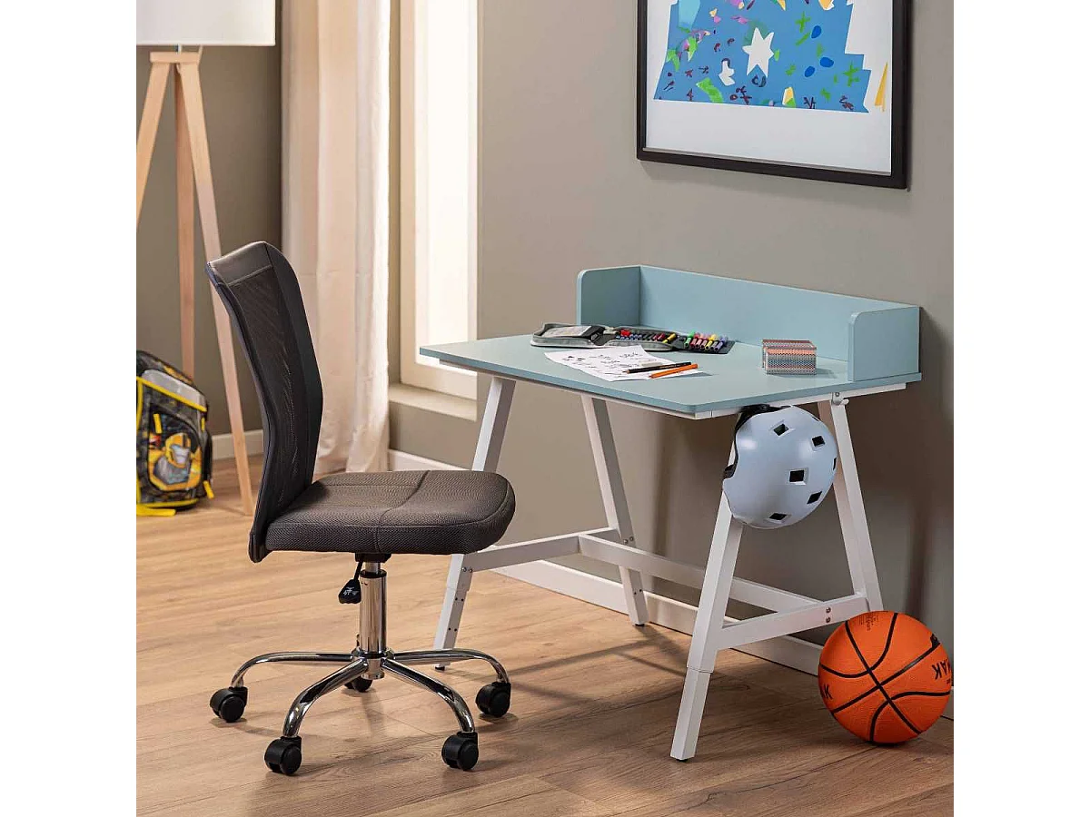 Bureau enfant réglable en hauteur en MDF plateau bleu et piètement métal laqué blanc - ELION