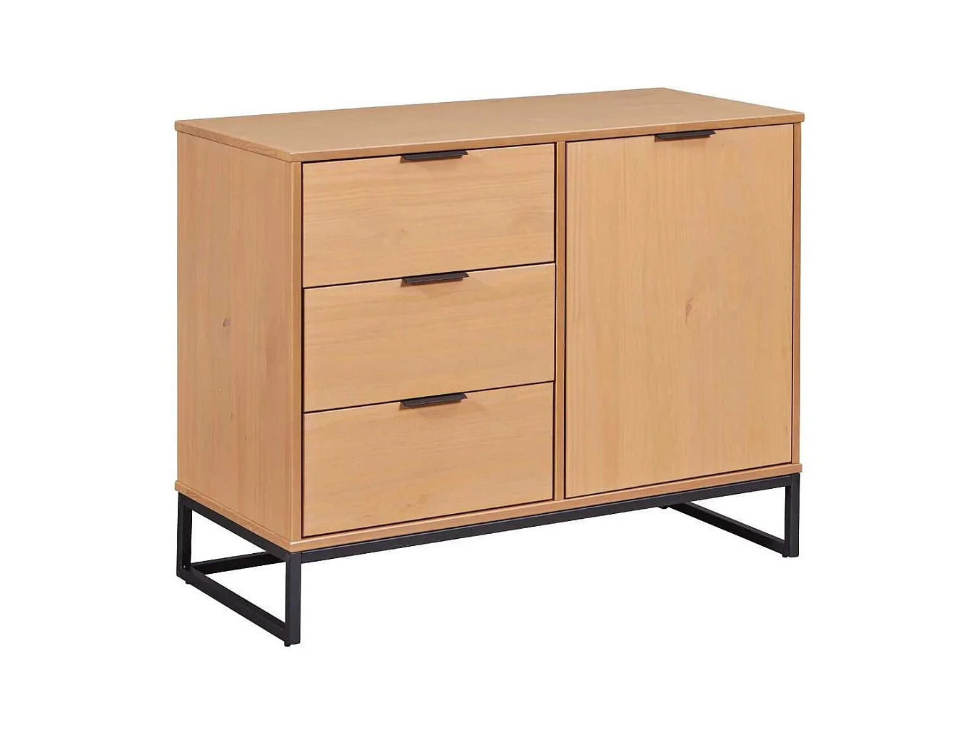 Rangement 1 porte 3 tiroirs en pin massif teinté chêne piètement noir - CATHY