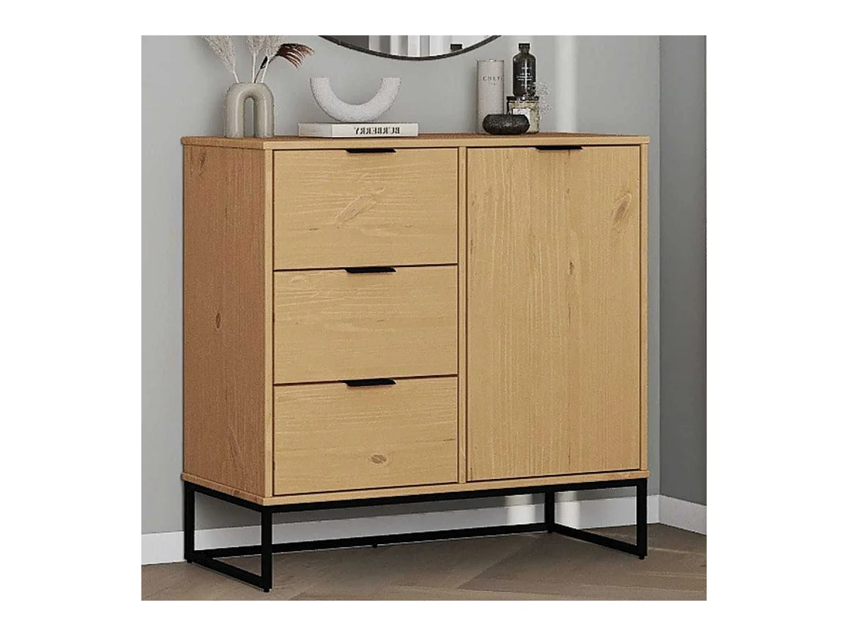 Rangement 1 porte 3 tiroirs en pin massif teinté chêne piètement noir - CATHY