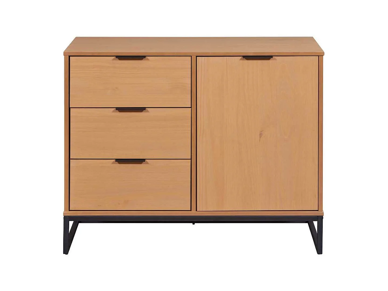 Rangement 1 porte 3 tiroirs en pin massif teinté chêne piètement noir - CATHY