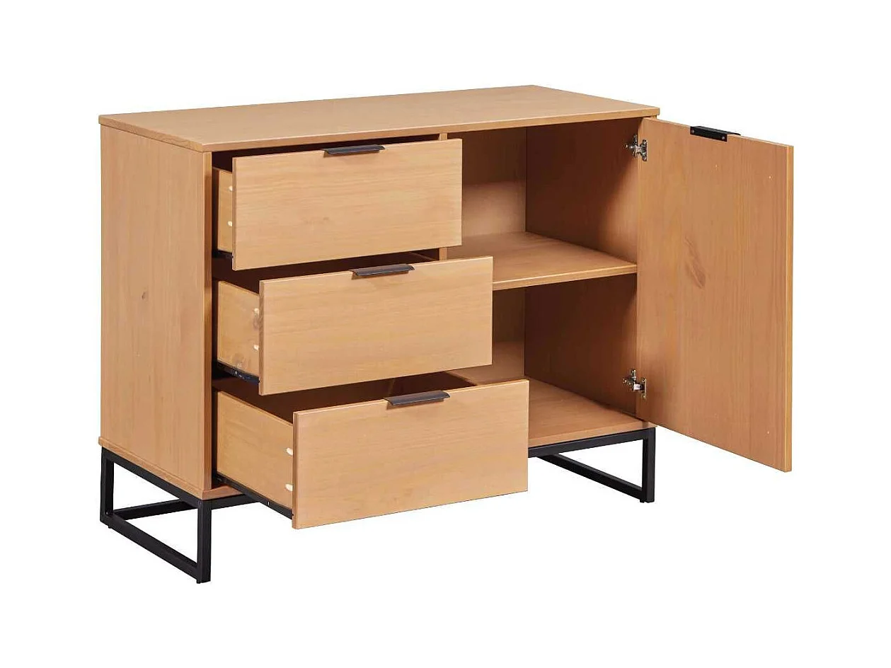 Rangement 1 porte 3 tiroirs en pin massif teinté chêne piètement noir - CATHY