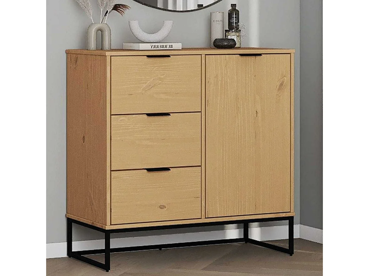 Rangement 1 porte 3 tiroirs en pin massif teinté chêne piètement noir - CATHY