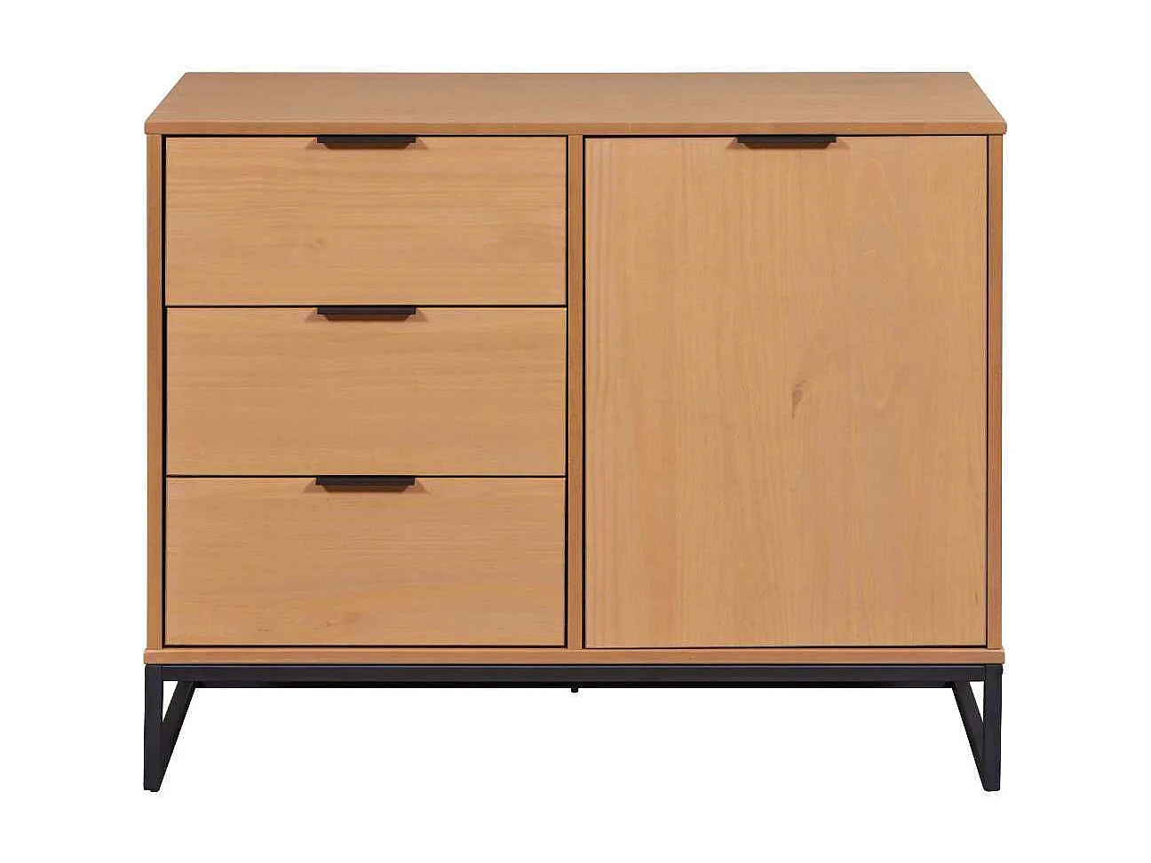 Rangement 1 porte 3 tiroirs en pin massif teinté chêne piètement noir - CATHY