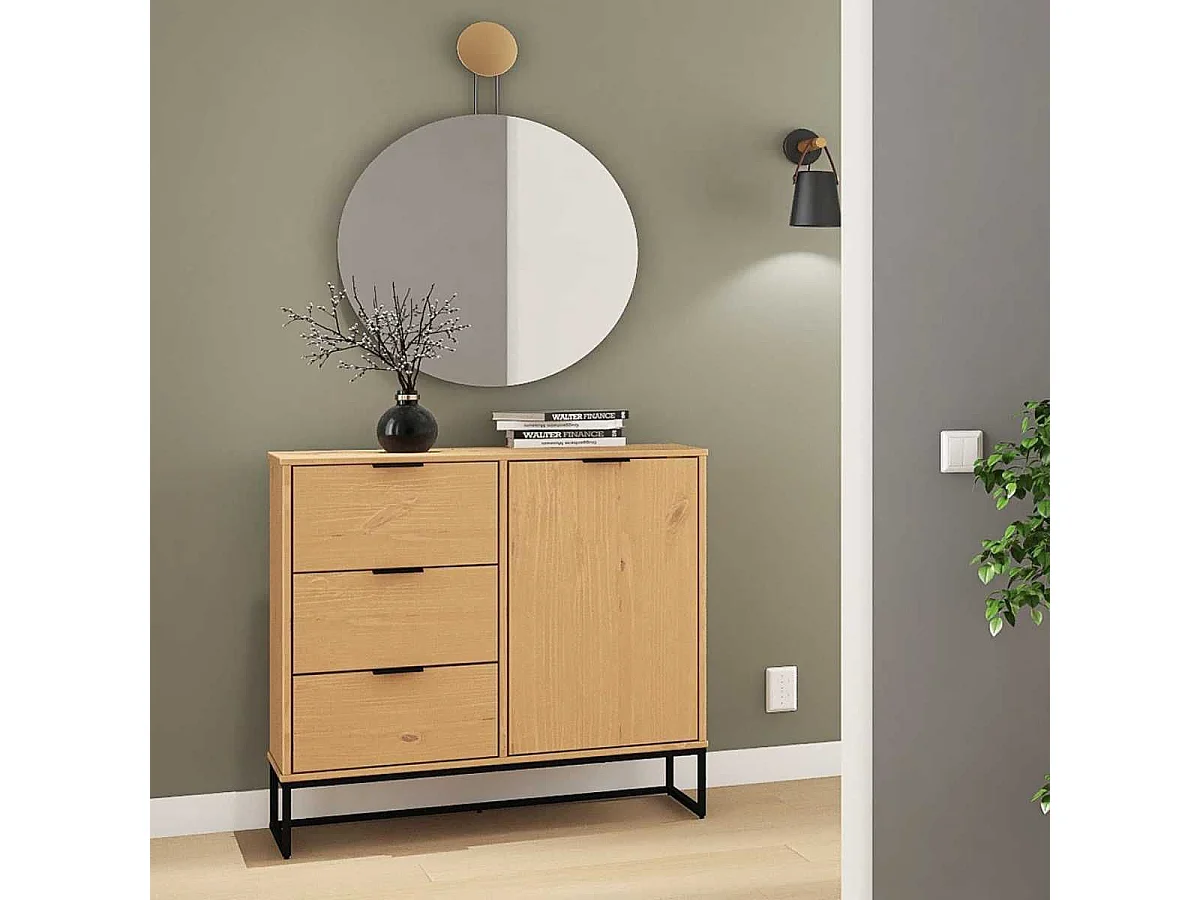 Rangement 1 porte 3 tiroirs en pin massif teinté chêne piètement noir - CATHY