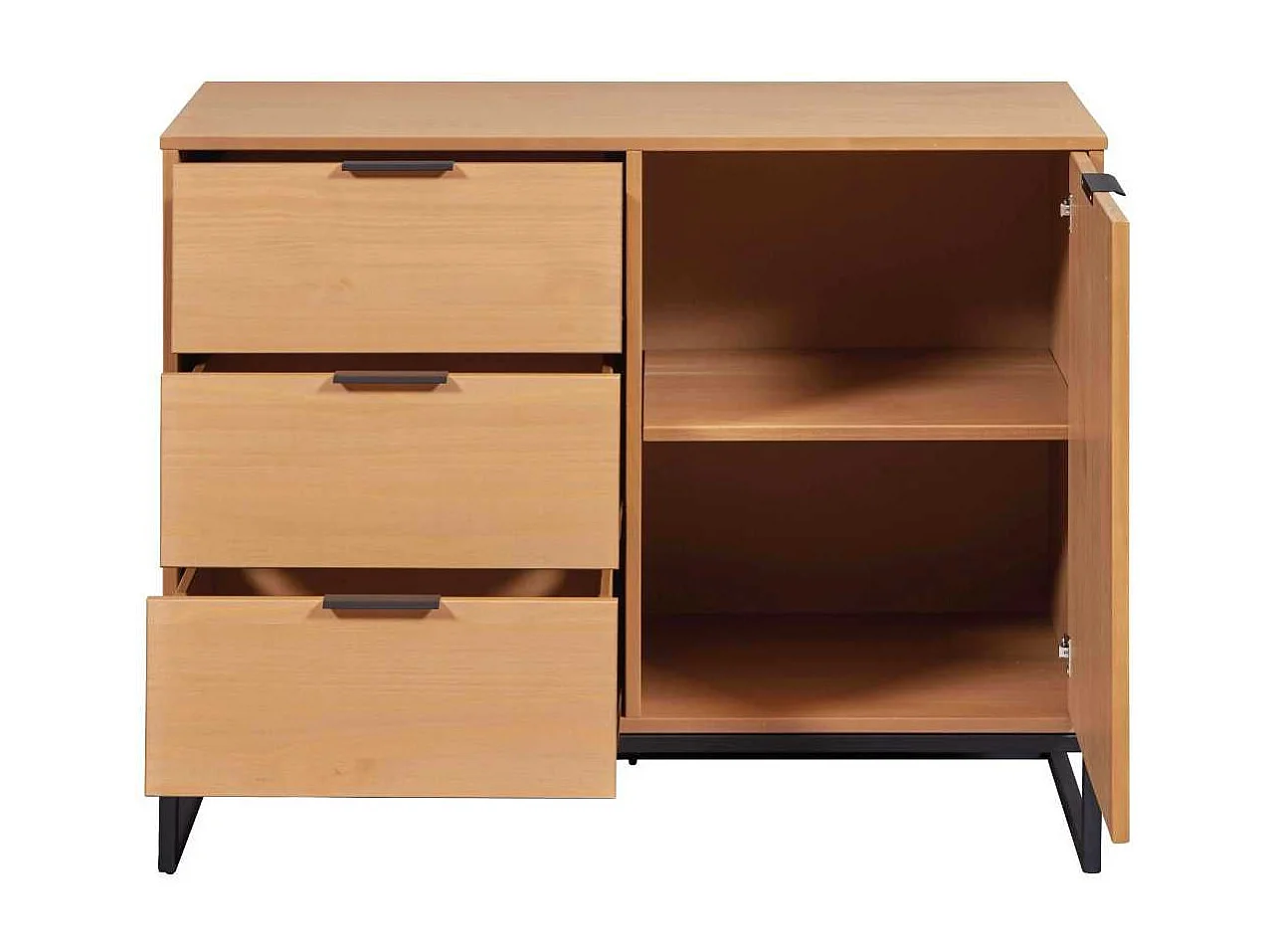 Rangement 1 porte 3 tiroirs en pin massif teinté chêne piètement noir - CATHY