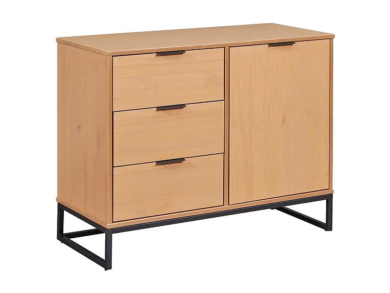 Rangement 1 porte 3 tiroirs en pin massif teinté chêne piètement noir - CATHY