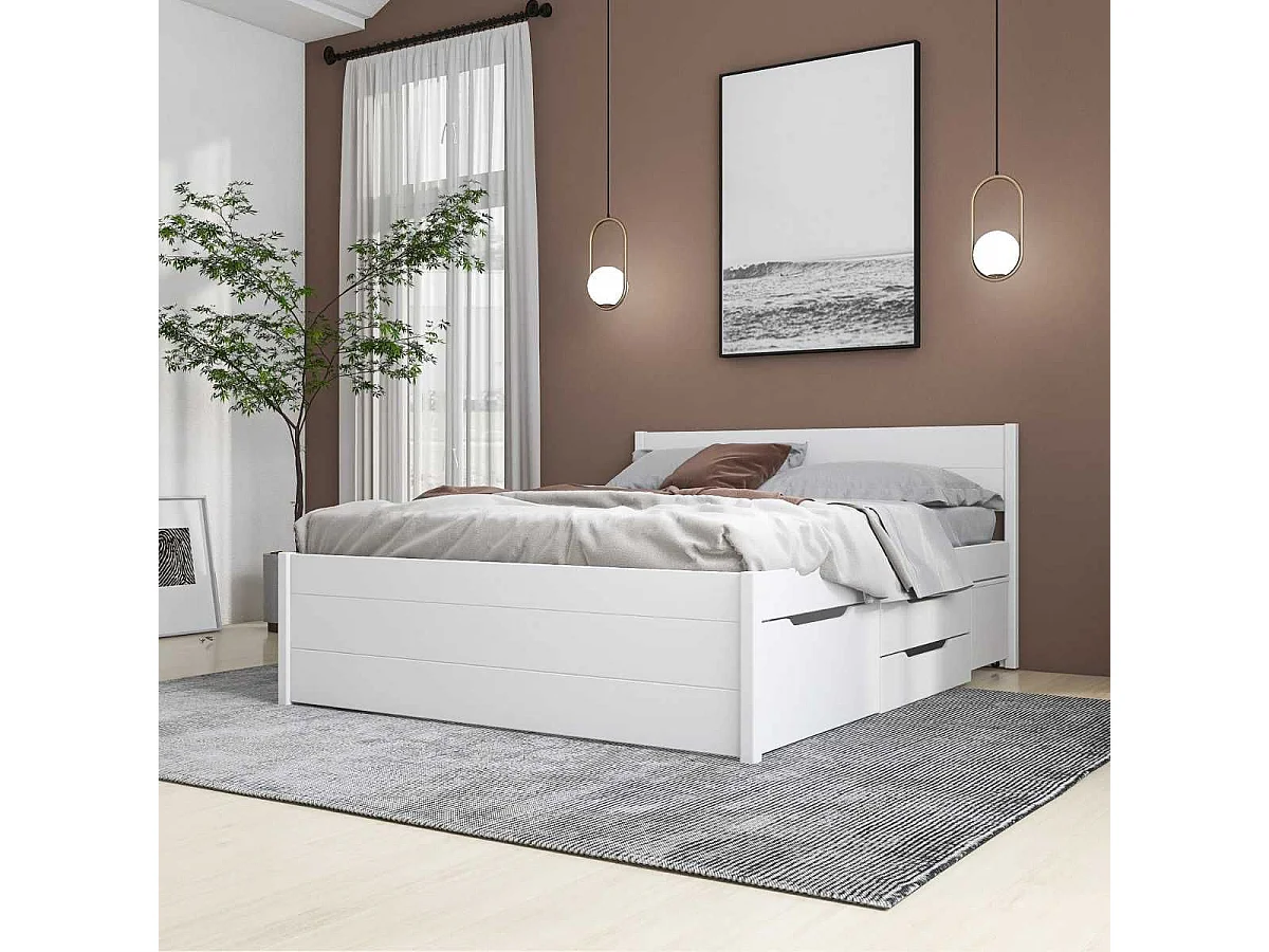 Lit 160x200cm multi-rangement en pin massif vernis blanc - EFECT