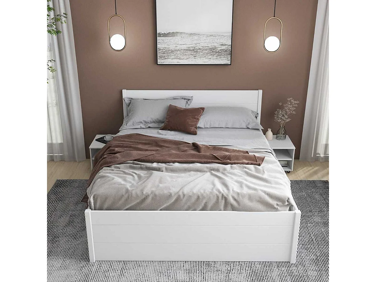Lit 160x200cm multi-rangement en pin massif vernis blanc - EFECT