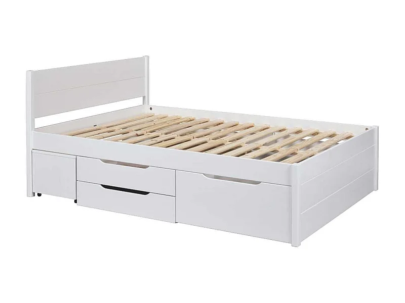 Lit 160x200cm multi-rangement en pin massif vernis blanc - EFECT