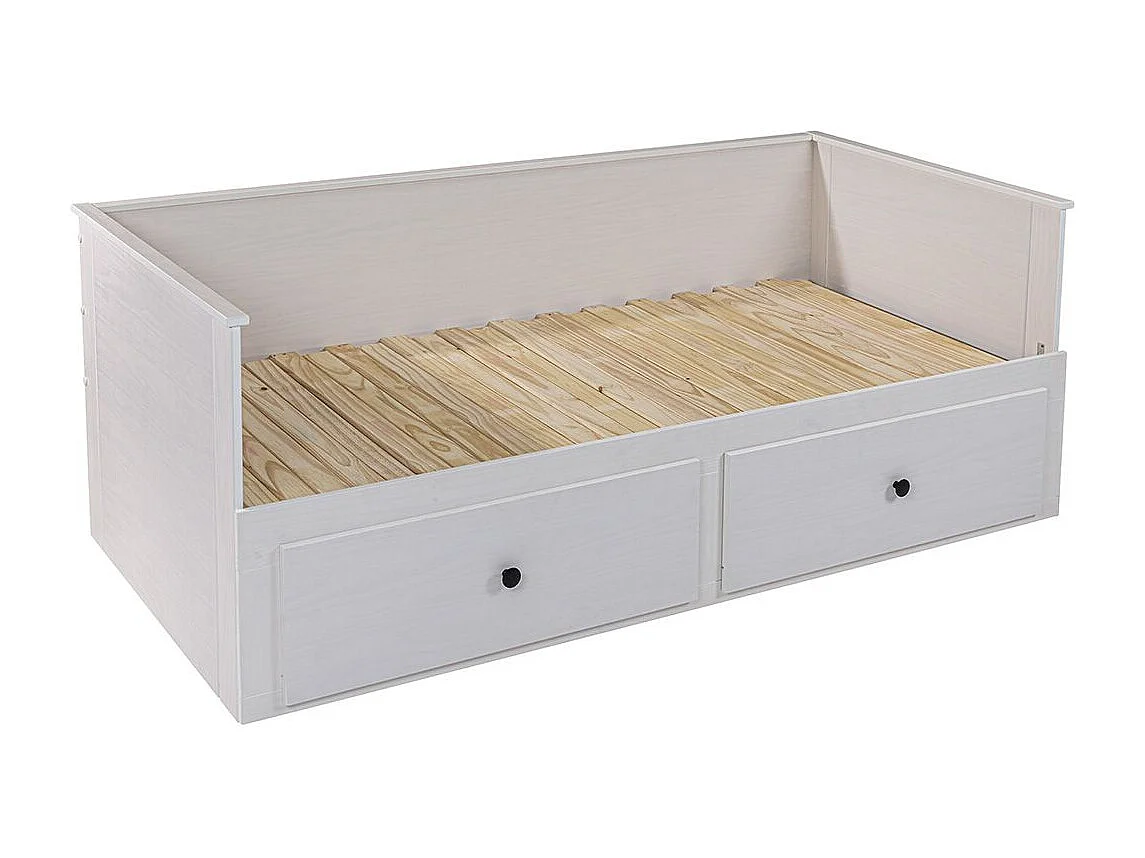 Lit banquette 90X200 cm extensible en 180X200 cm avec tiroirs de rangement en pin vernis blanc - WILMA
