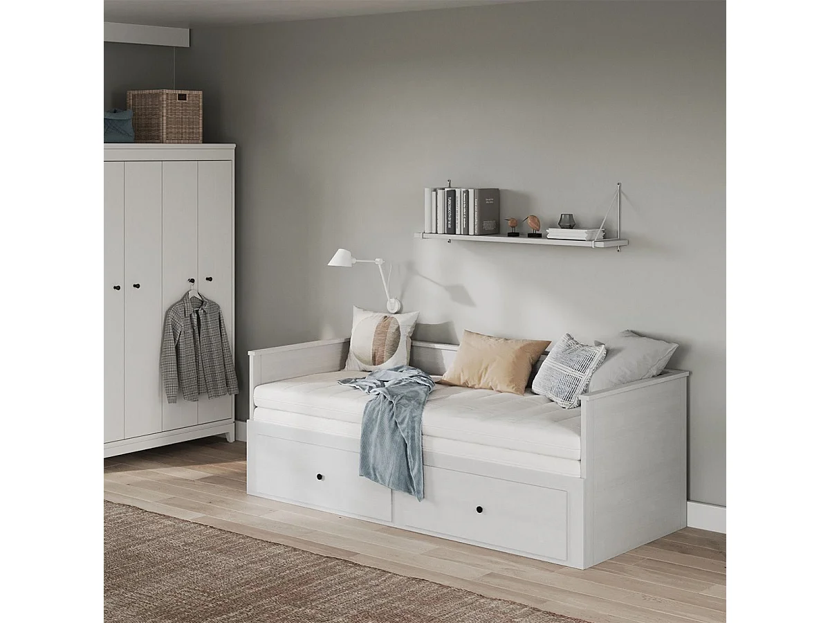 Lit banquette 90X200 cm extensible en 180X200 cm avec tiroirs de rangement en pin vernis blanc - WILMA