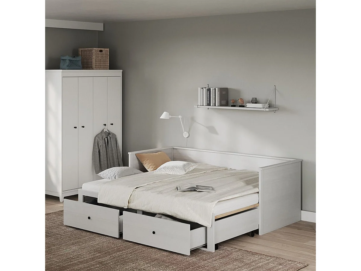 Lit banquette 90X200 cm extensible en 180X200 cm avec tiroirs de rangement en pin vernis blanc - WILMA