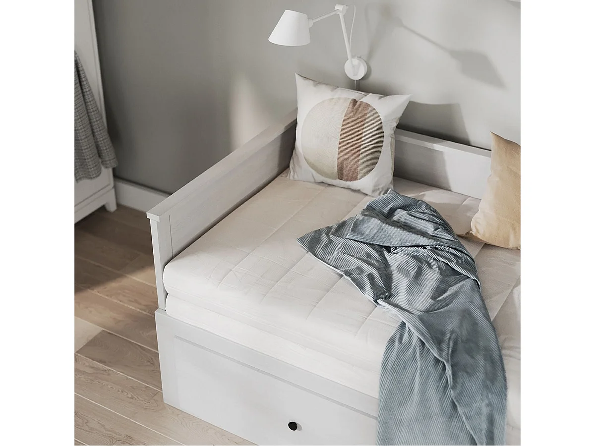 Lit banquette 90X200 cm extensible en 180X200 cm avec tiroirs de rangement en pin vernis blanc - WILMA