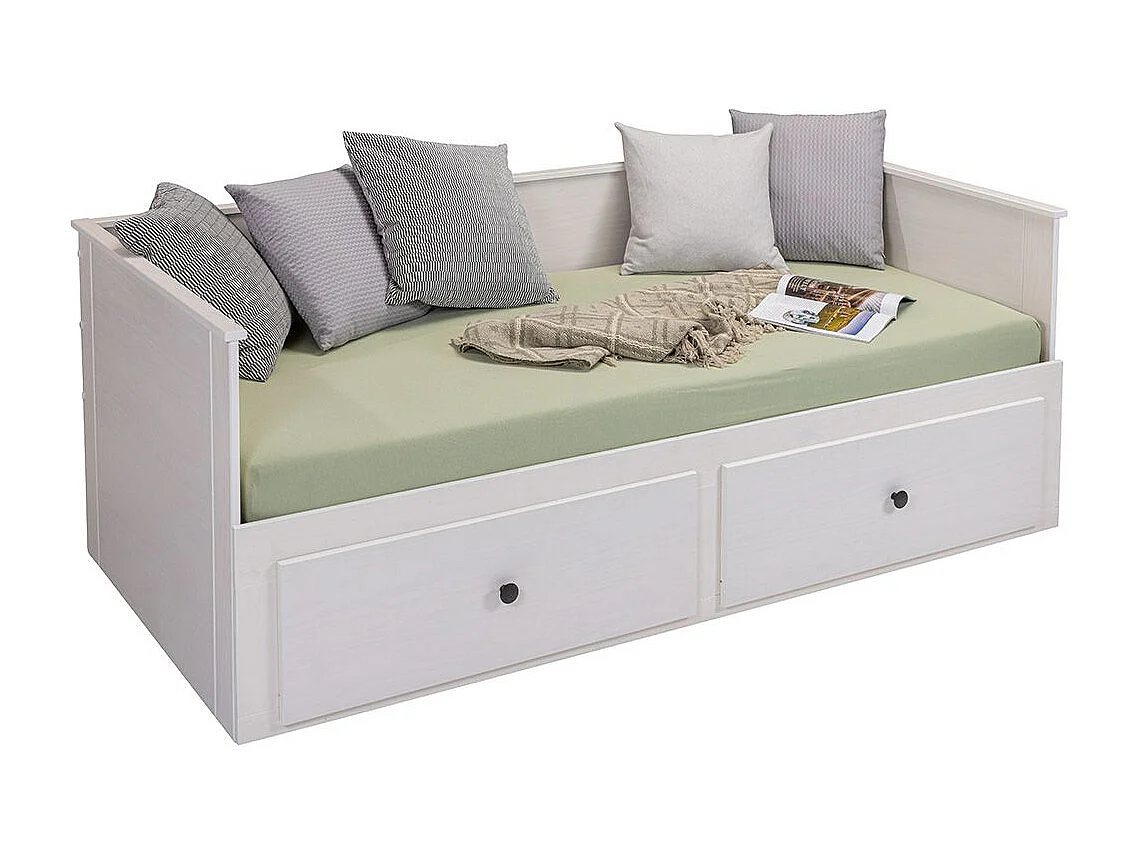 Lit banquette 90X200 cm extensible en 180X200 cm avec tiroirs de rangement en pin vernis blanc - WILMA